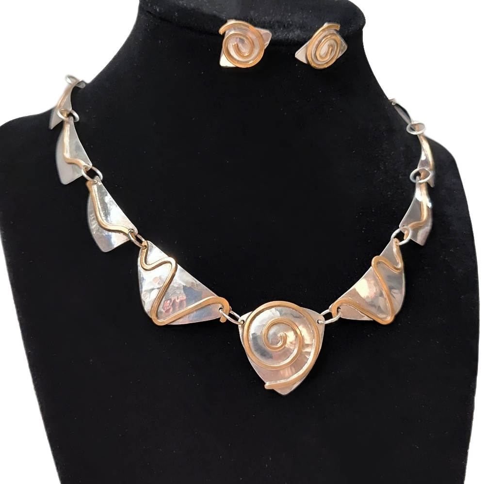 Vintage Sterling Silver Bronze Swirl Hand wrought Modernist Necklace Earring Set - Picture 3 of 15